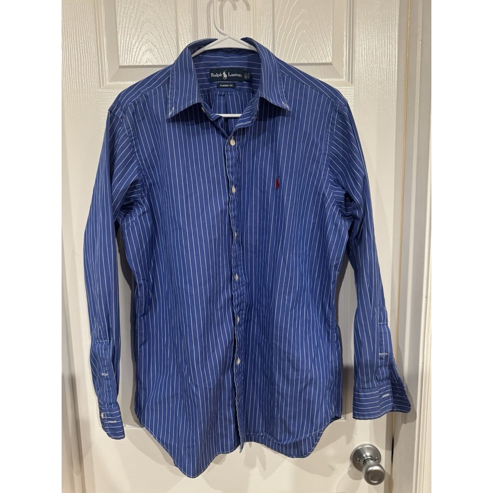 Ralph Lauren Button Up Mens 15 1/2 Medium Blue White Stripes Classic Fit Pony LS
